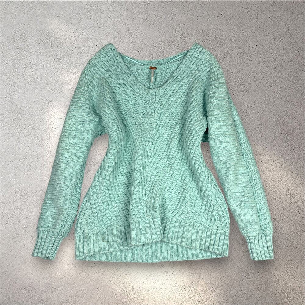 Free People Sunset V-Neck Pullover Sweater Women's M Blue Chunky Knit Boho Cozy - Picture 2 of 11